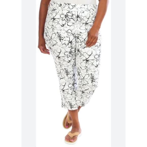 Espresso Capri Pants Slacks Women's Size 2X White Floral Cropped Flexible Waist - Picture 1 of 13